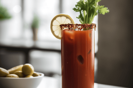 Kryddig klassisk Bloody Mary -cocktail med selleri saltkant och pickle garnering