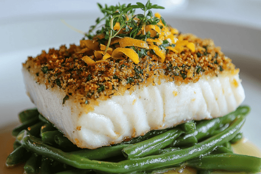 Krispig vit fisk med citron örtskorpa och vitlökgröna bönor
