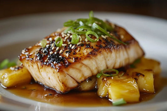 Pan-Seared Mahi Mahi med ananas teriyaki-glasyr