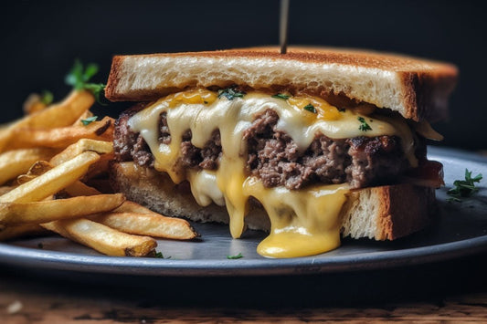 Gourmetpatty smälta med karamelliserad lök och schweizisk ost