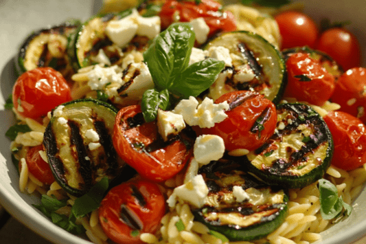 Sommargrönsaken Orzo sallad med citronvinaigrette