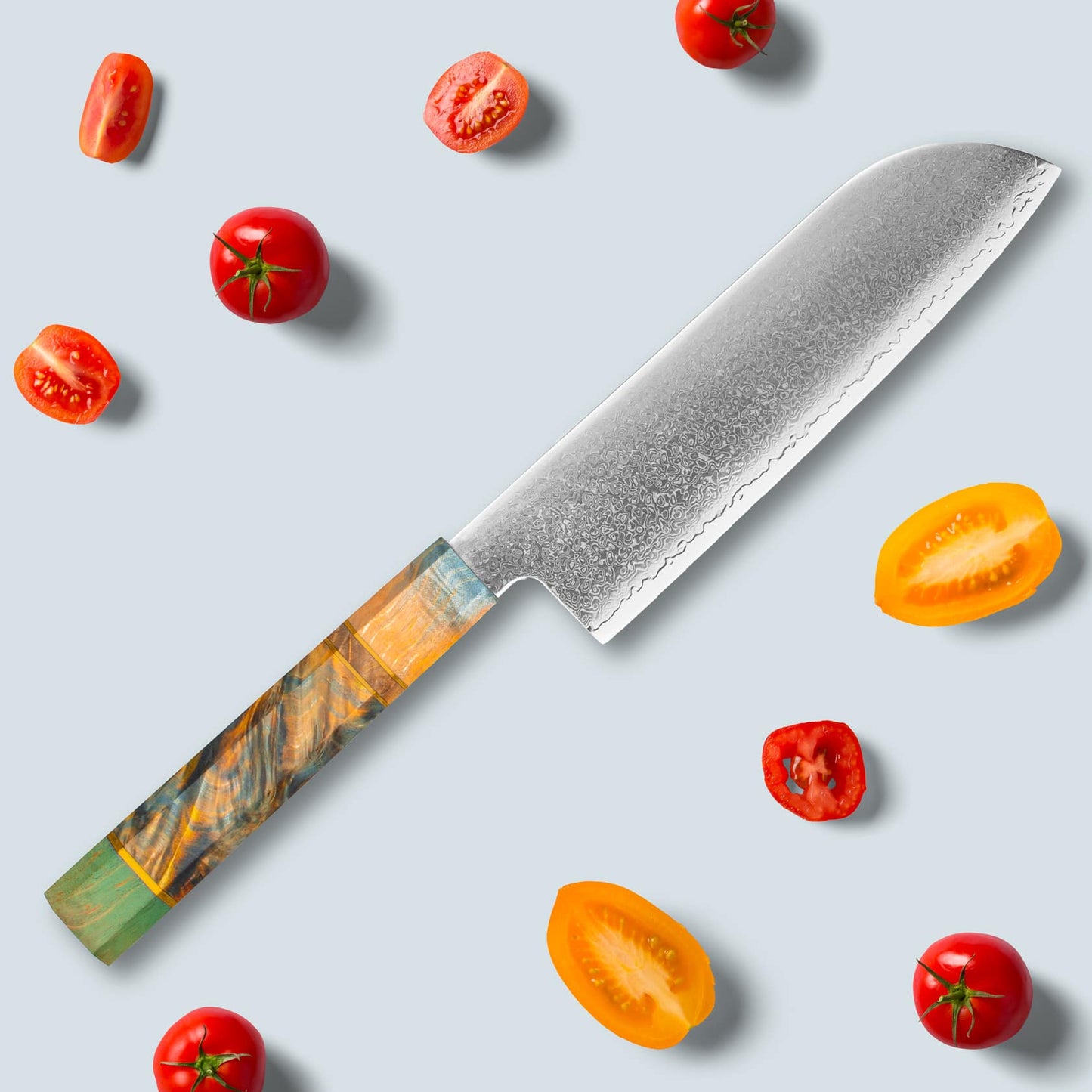 Ichika (いちか) Damaskus stålkniv med färgat åttkantigt handtag