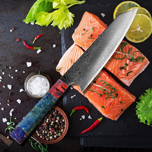 Kiritsuke (きりつけ) Damascus stålkniv med färgat ebenholthandtag