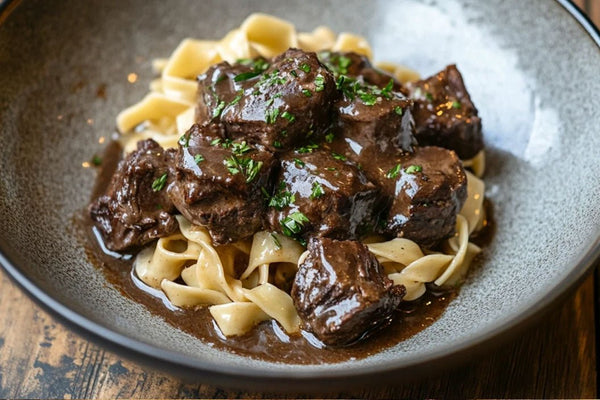 Tender Garlic Herb Beef Tips with Buttery Egg Noodles