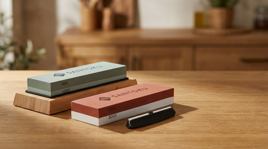 Japanese whetstone sharpening stones and knife-care tools laid out on a wooden worktop