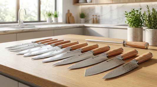 Premium Japanese Damascus knife set fanned out on a light-oak kitchen worktop
