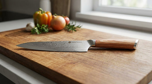 Japanese Damascus gyuto chef knife resting on a wooden chopping board
