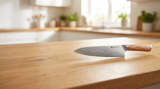 Carbon vs stainless steel knives guide — a Japanese Damascus chef knife on a light-oak worktop