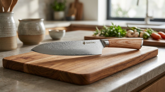 Japanese Damascus gyuto chef knife on a wooden chopping board, showing its double-bevel edge