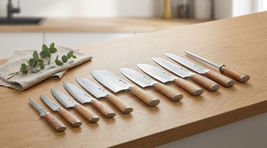 A Japanese Damascus knife set arranged as a wedding gift on a light-oak worktop