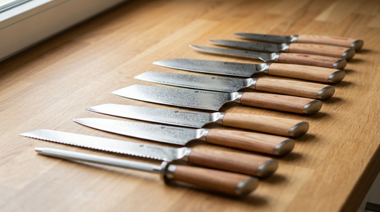 A full Japanese Damascus kitchen knife set laid out on a wooden worktop