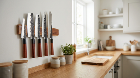 A Japanese knife set on a magnetic wooden rack in a bright, small kitchen