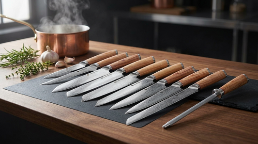 Set of Haruta VG10 Japanese Damascus knives fanned out on a professional kitchen worktop