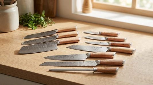 A set of Santoku Knives Japanese Damascus-steel kitchen knives arranged on a wooden worktop