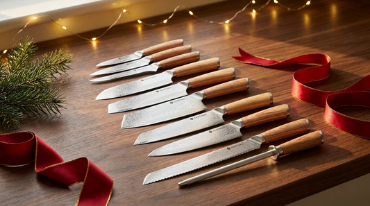 Haruta 10-Piece VG10 Damascus steel Japanese knife set on a wooden worktop with warm Christmas lights
