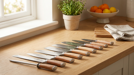 Japanese Damascus steel knife set on a light-oak worktop in a new-home kitchen, styled as a housewarming gift