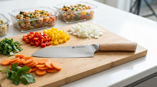 Haruta 7-inch VG10 Damascus santoku knife on a wooden board with prepped vegetables for weekly meal prep
