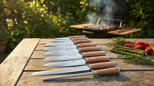 A Haruta VG10 Damascus Japanese knife set arranged on an outdoor table set for a summer barbecue
