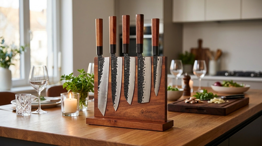 A Minato Japanese knife set on an acacia wood magnetic stand in a dinner-party kitchen, ready for entertaining