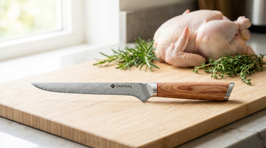Haruta VG10 Damascus boning knife with a raw whole chicken, best Japanese knife for cutting poultry