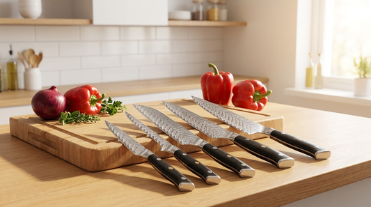 A Riku Damascus VG10 Japanese knife set laid out on a light wooden worktop in a simple student kitchen