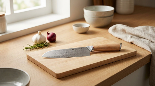 A lightweight Japanese Santoku knife on a wooden board in a calm home kitchen