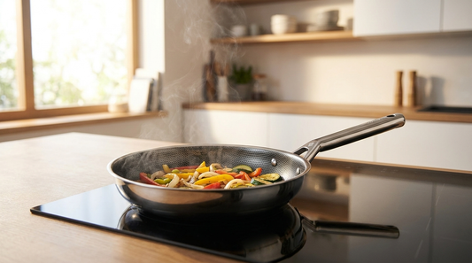 Hive Hybrid frying pan searing vegetables on an induction hob