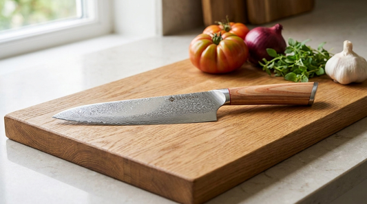 Japanese Damascus VG10 chef knife with a wavy layered pattern resting on an oak board in a bright kitchen
