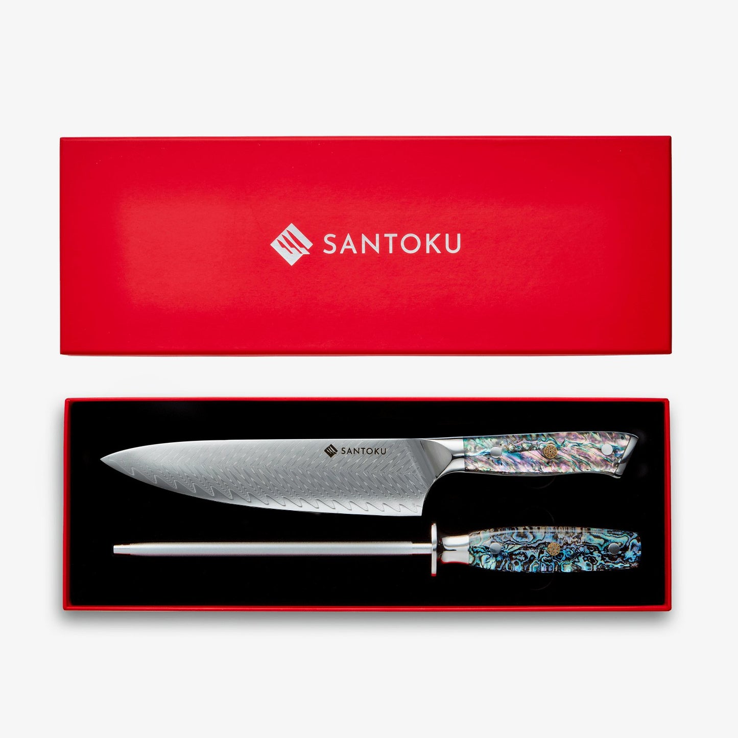 Chikashi (ちかし) Damaskus Chef Knife & Steel Set med abalonhandtag