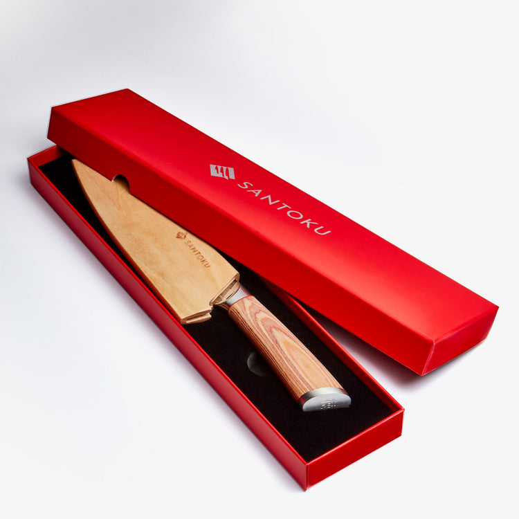 Haruta 7 tums VG10 japansk damaskus stål Santoku kniv med trähandtag och skida