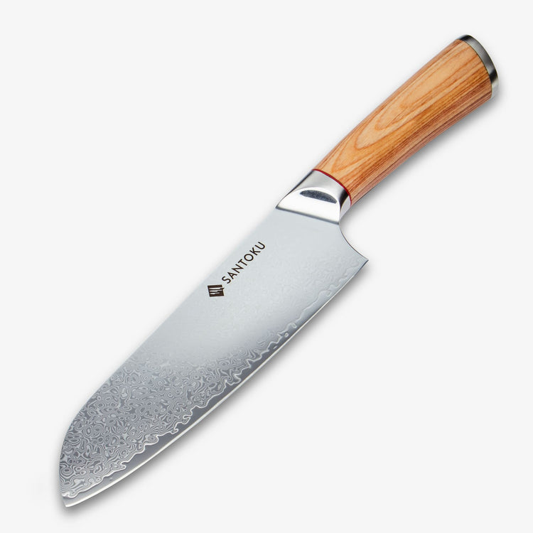 Haruta 7 tums VG10 japansk damaskus stål Santoku kniv med trähandtag och skida