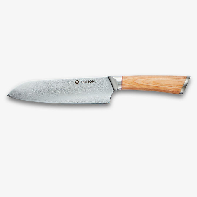 Haruta 7 tums VG10 japansk damaskus stål Santoku kniv med trähandtag och skida