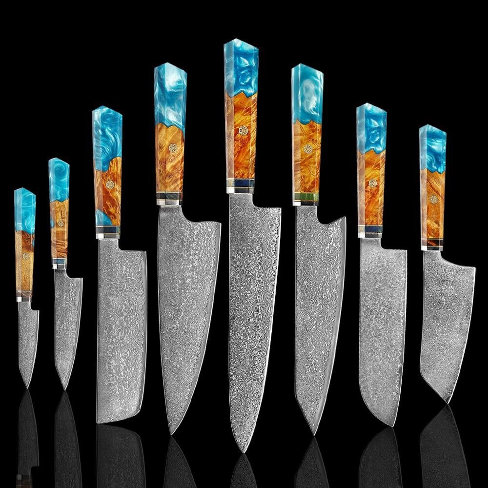 Makito Damascus stålknivar med färgat blått hartshandtag