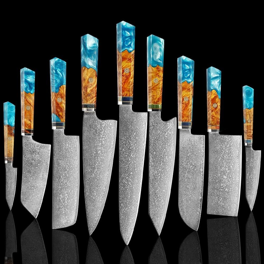 Makito Damascus stålknivar med färgat blått hartshandtag