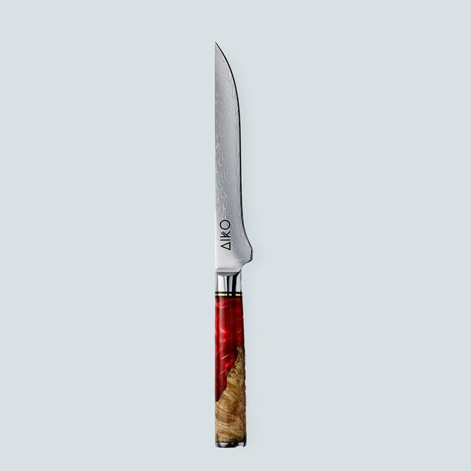 Aiko Red Damaskus stålkniv med färgat rött hartshandtag