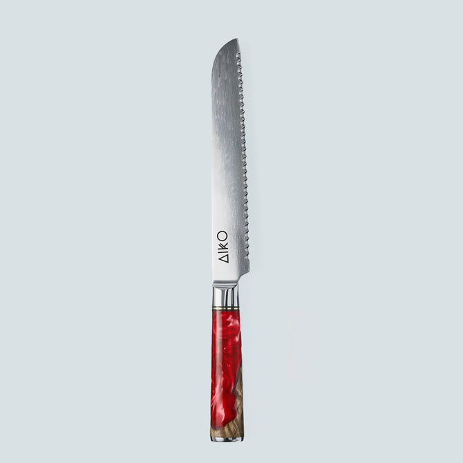 Aiko Red Damaskus stålkniv med färgat rött hartshandtag
