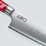 Aiko Red Damaskus stålkniv med färgat rött hartshandtag