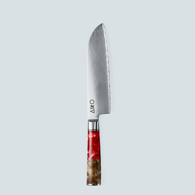 Aiko Red Damaskus stålkniv med färgat rött hartshandtag