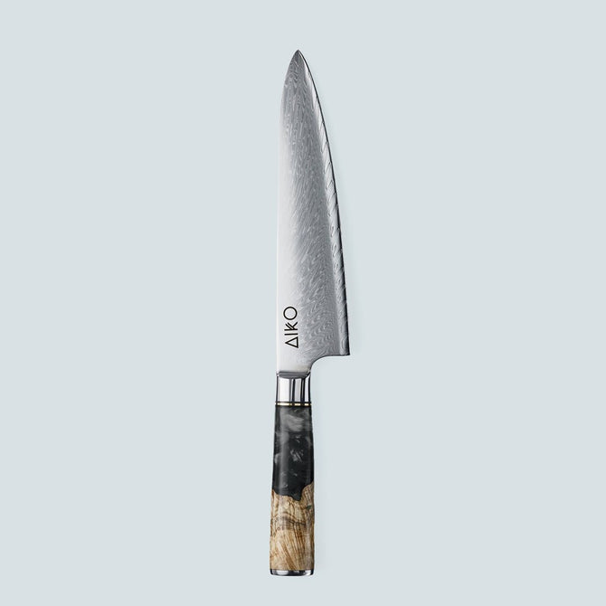 Aiko Black Damaskus stålkniv med färgat svart hartshandtag