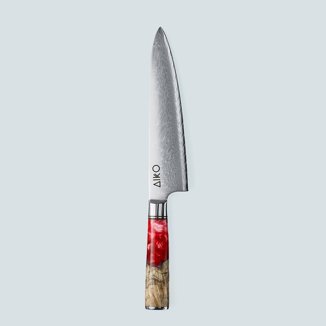 Aiko Red Damaskus stålkniv med färgat rött hartshandtag