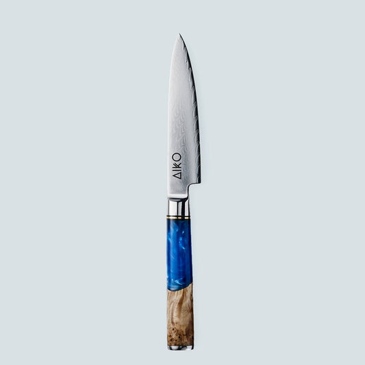 Aiko Blue (あいこ, アイコ) Damaskus stålkniv med färgat blått hartshandtag