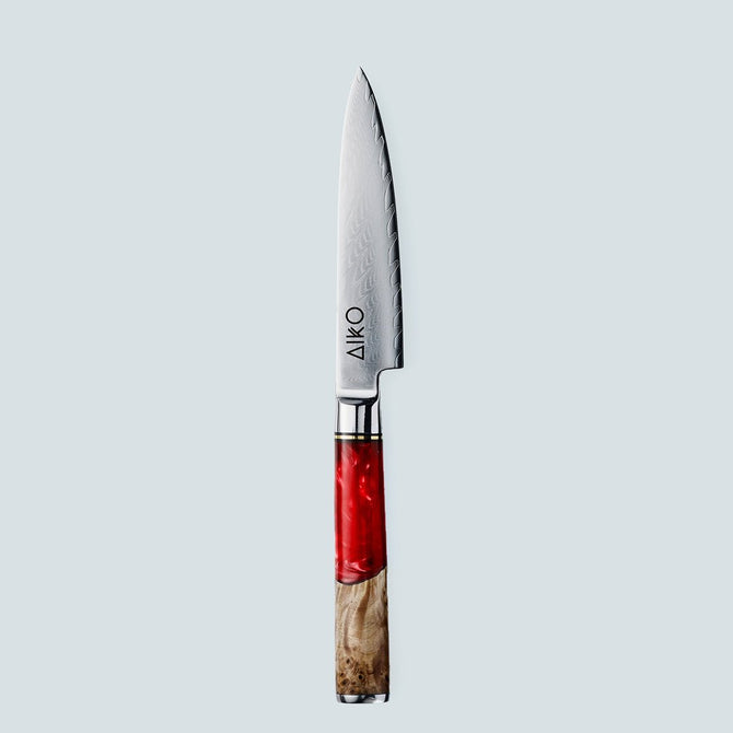 Aiko Red Damaskus stålkniv med färgat rött hartshandtag