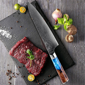 Gyuto Damascus stålkniv med färgat blått hartshandtag
