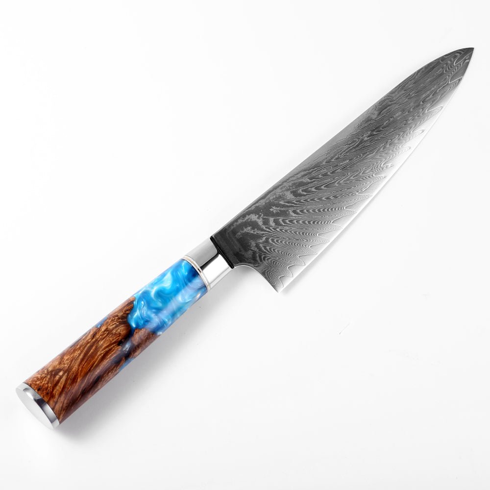 Gyuto (牛刀) Damascus stålkniv med färgat blått hartshandtag