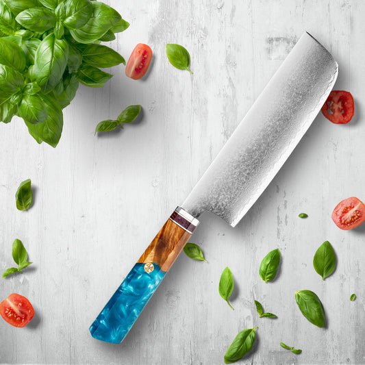 Makito Damascus stålknivar med färgat blått hartshandtag