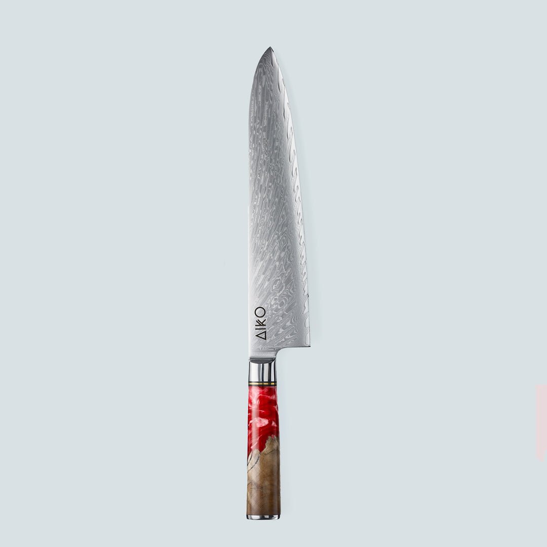Aiko Red (あいこ, アイコ) Damaskus stålkniv med färgat rött hartshandtag